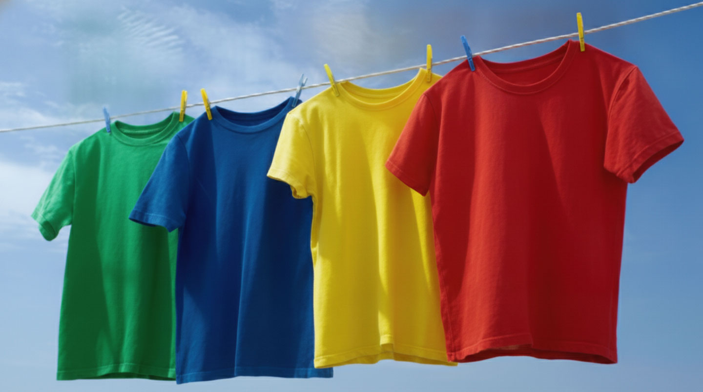 T-shirt technique léger suspendu à un cintre en bois à l'ombre d'une terrasse, séchages à l'air libre en extérieur