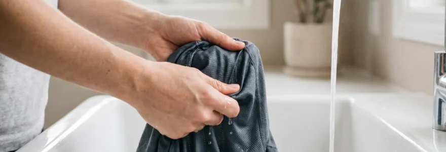 Personne rinçant un t-shirt technique rafraîchissant à l'eau froide dans un évier blanc, gestes précis et délicats
