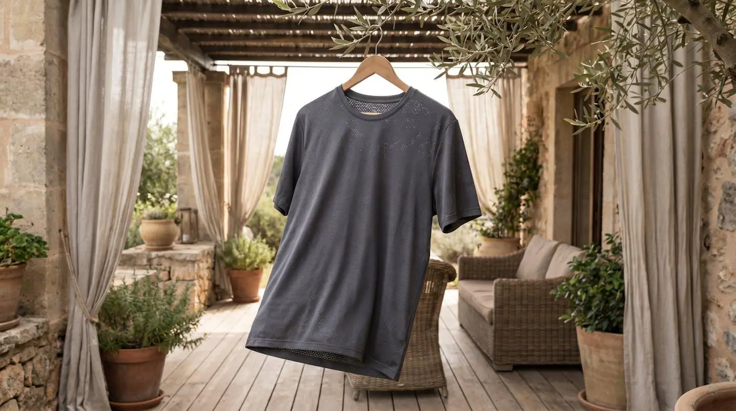 T-shirt technique léger suspendu à un cintre en bois à l'ombre d'une terrasse, séchages à l'air libre en extérieur