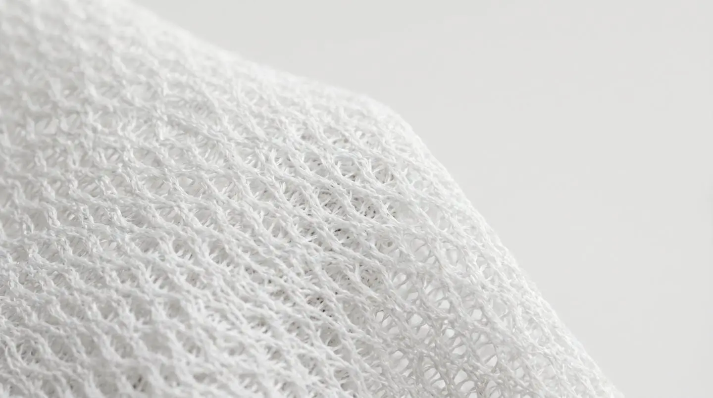 Gros plan sur le tissu d'un t-shirt technique rafraîchissant, structure de fibres visible en lumière naturelle