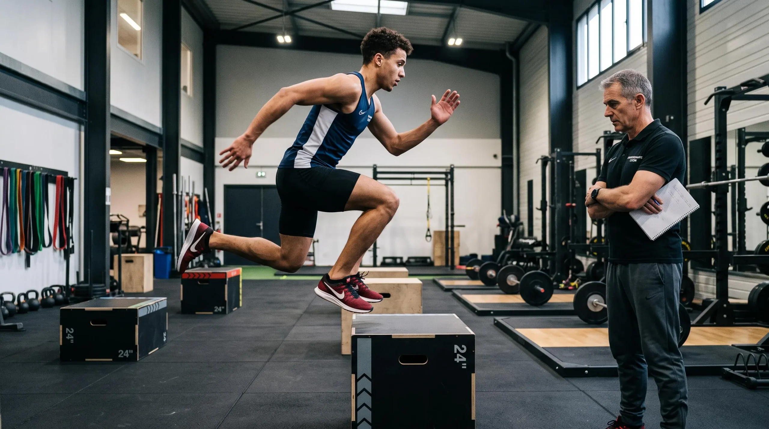 Athlète réalisant un saut pliométrique sur box sous la supervision attentive d'un coach de performance