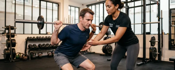 Coach sportif guidant un client lors d'une séance d'entraînement individuel dans une salle de sport