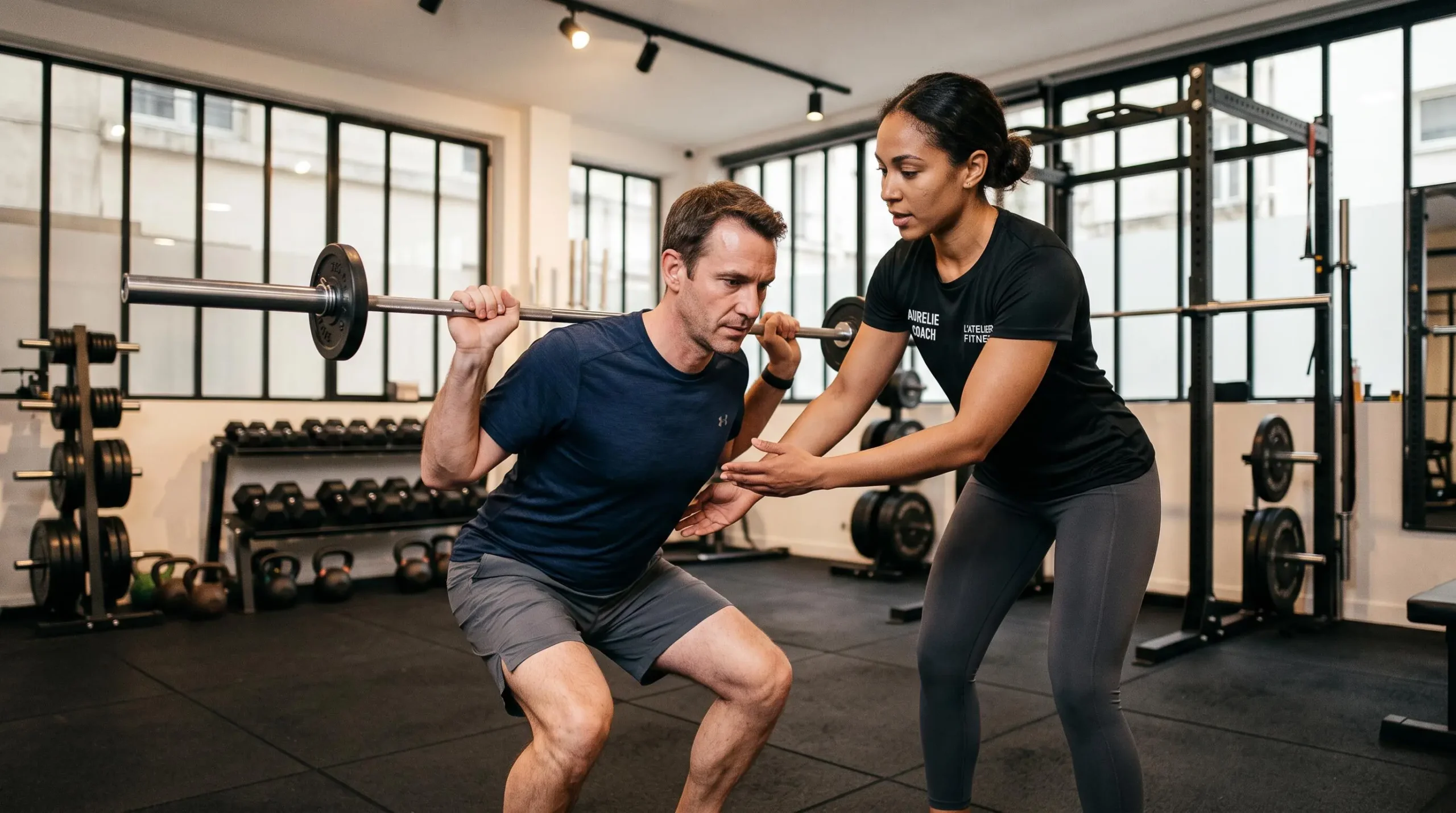 Coach sportif guidant un client lors d'une séance d'entraînement individuel dans une salle de sport