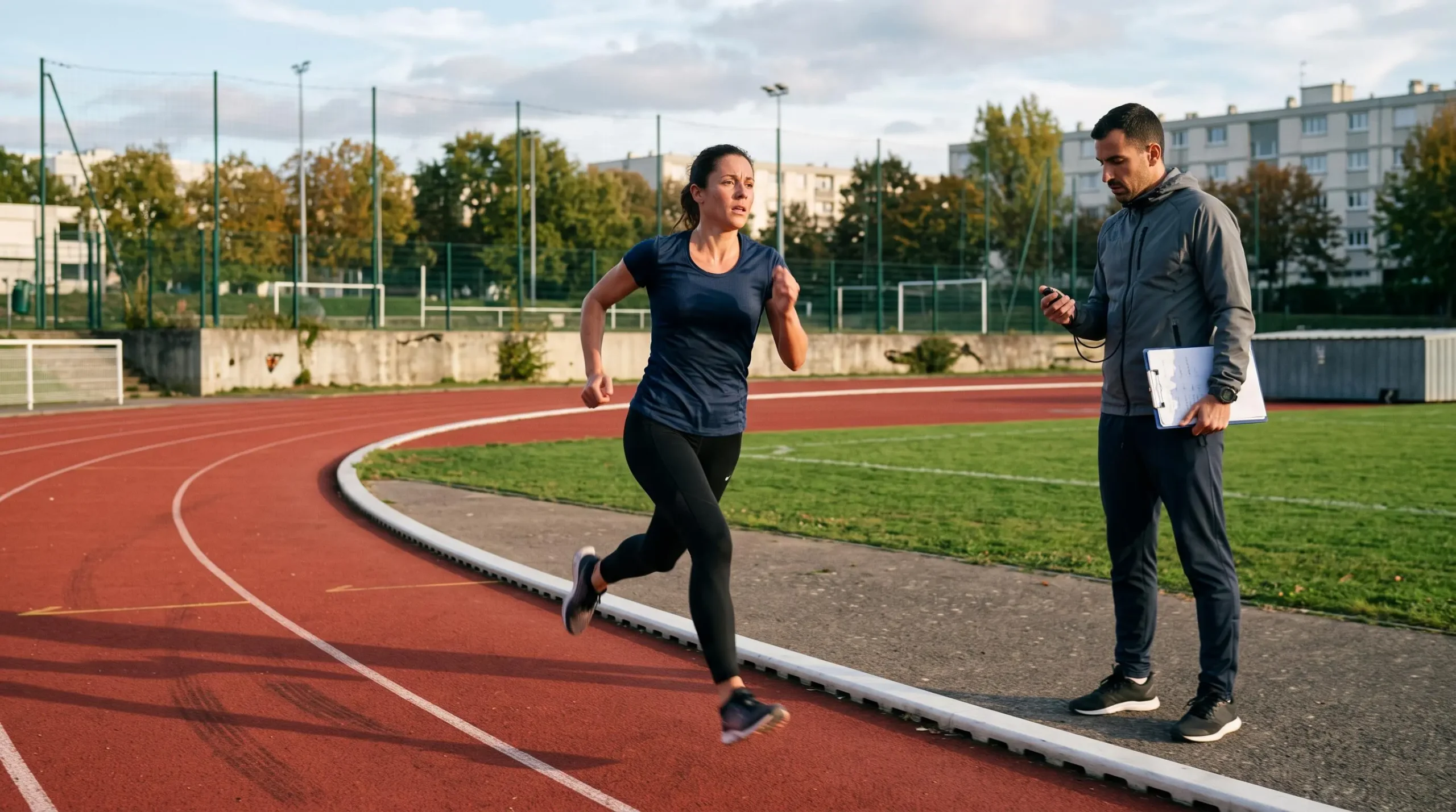 Coach chronométrant un client pendant un entraînement cardio par intervalles sur une piste d'athlétisme extérieure
